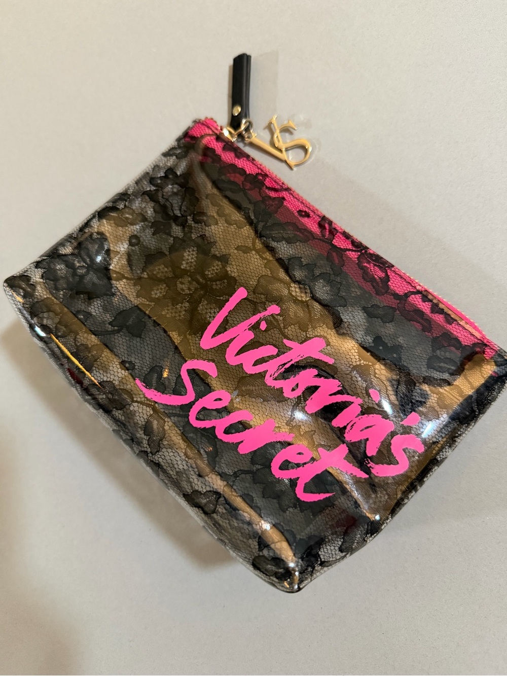 Victoria's Secret Black Lace Makeup Bag with Hot Pink Logo and Trim